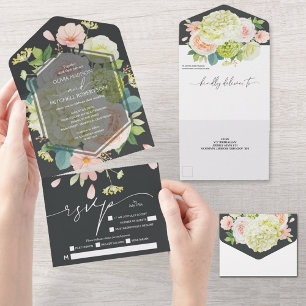 Elegant Watercolor Floral Onyx Wedding All In One Invitation