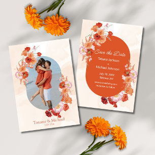 elegant watercolor floral orange brown arch photo save the date