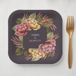 Elegant Watercolor Floral  Paper Plate<br><div class="desc">Elegant watercolor flowers in pink and gold with beautiful greenery on a dark eggplant background,  these square paper plates are perfect for brunch and bubbly couples wedding shower,  bridal shower,  baby shower or any special occasion. MATCHING items in our store.</div>