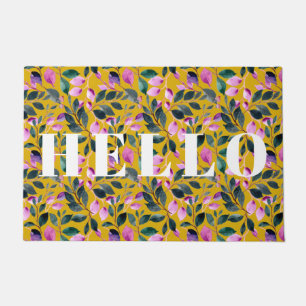 Elegant Watercolor Floral Pattern Hello Gold Doormat