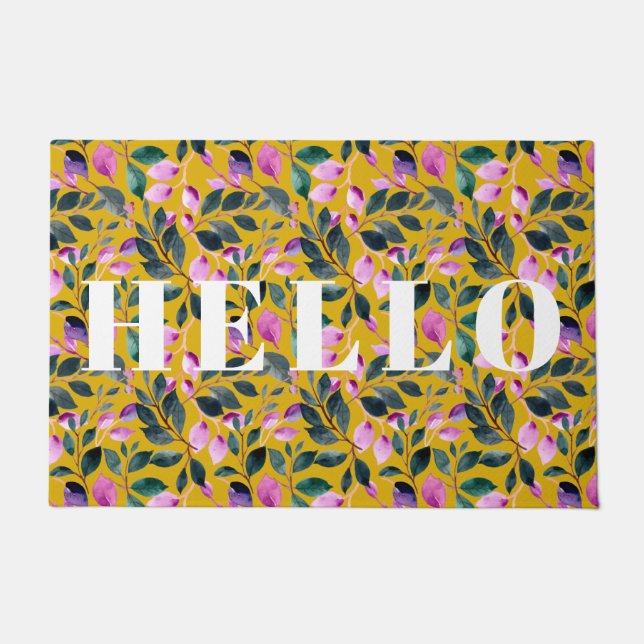 Elegant Watercolor Floral Pattern Hello Gold Doormat (Front)