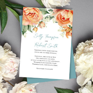 Elegant Watercolor Floral Peach Blue Wedding Invitation