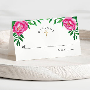 Elegant Watercolor Floral Peonies First Communion Place Card