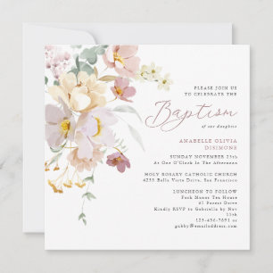 Elegant Watercolor Floral Photo Baptism Invitation