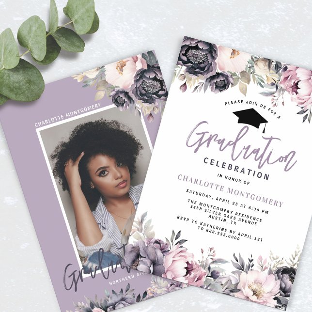 Elegant Watercolor Floral Photo Graduation Party  Invitation (Creator Uploaded)