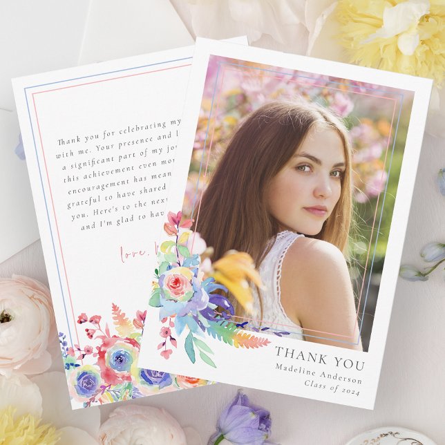 Elegant Watercolor Floral Photo Graduation Thank You Card (Creator Uploaded)
