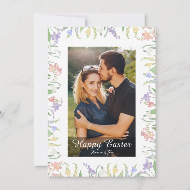 Elegant Watercolor Floral Photo Happy Easter Holiday Card (Front)