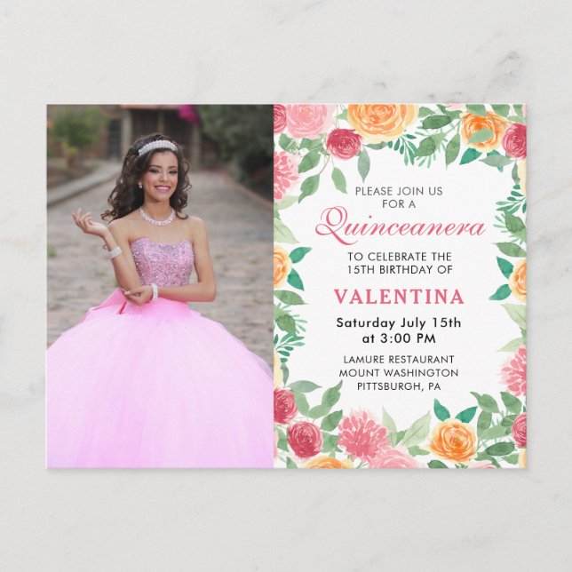 Elegant Watercolor Floral Photo Quinceanera  Invit Invitation Postcard (Front)
