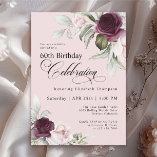 Elegant Watercolor Floral Pink 60th Birthday Invitation