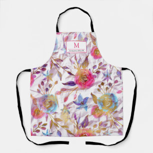 Elegant watercolor floral pink and white apron