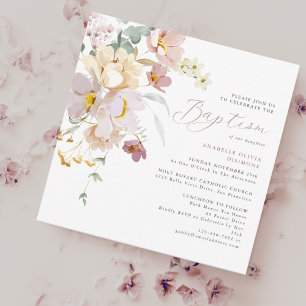 Elegant Watercolor Floral Pink Baptism Invitation
