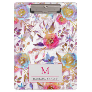 Elegant watercolor floral Pink,Gold and white  Clipboard