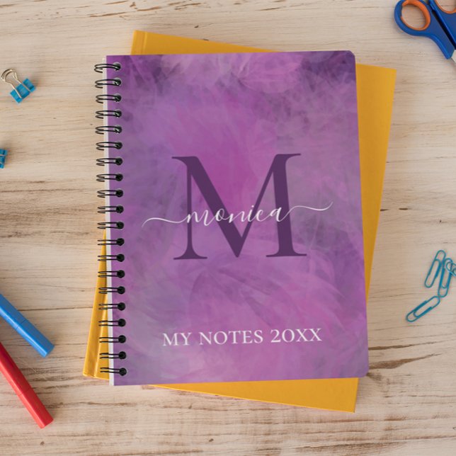 Elegant Watercolor Floral Pink Purple Monogrammed Notebook (Creator Uploaded)