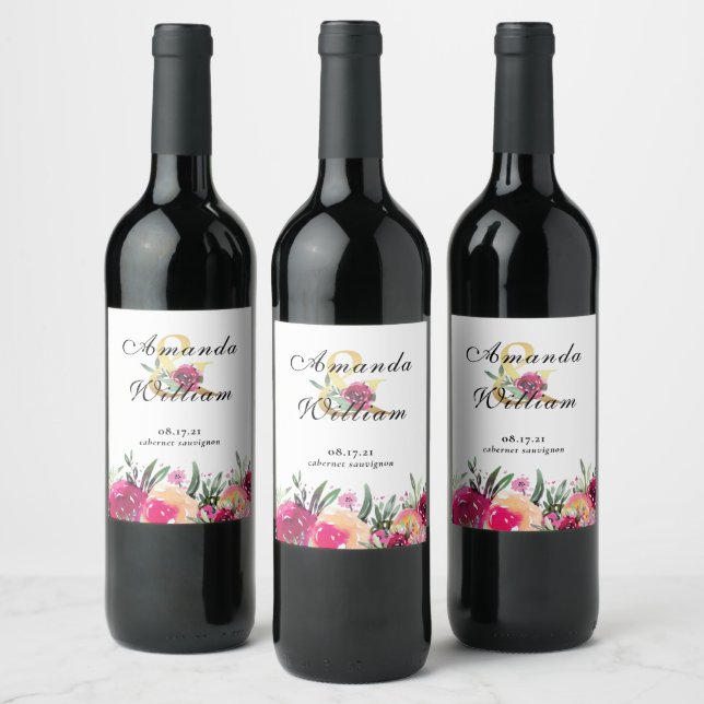 Elegant Watercolor Floral Pink Wedding Wine Label (Bottles)
