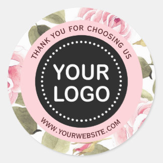 Elegant Watercolor Floral Pink Your Logo Slogan Classic Round Sticker