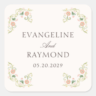 Elegant Watercolor Floral Rococo Wedding Square Sticker