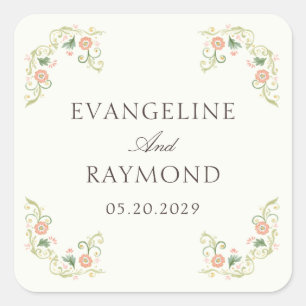 Elegant Watercolor Floral Rococo Wedding  Square Sticker