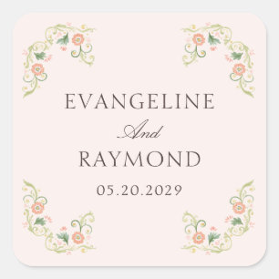 Elegant Watercolor Floral Rococo Wedding Square Sticker
