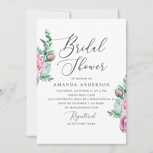 Elegant watercolor floral script bridal shower invitation (Front)