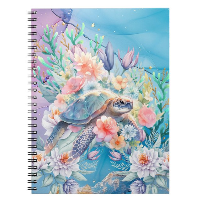 Elegant Watercolor Floral Sea Turtle Notebook (Front)