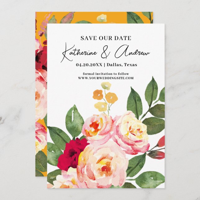 Elegant Watercolor Floral Spring Save The Date  Invitation (Front/Back)