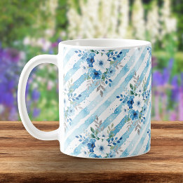 Elegant Watercolor Floral Stripe Blue Cottagecore Coffee Mug