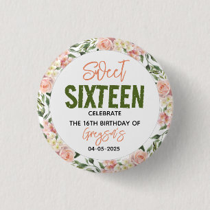 Elegant Watercolor Floral Sweet Sixteen 3 Cm Round Badge