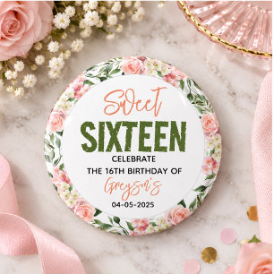 Elegant Watercolor Floral Sweet Sixteen 3 Cm Round Badge