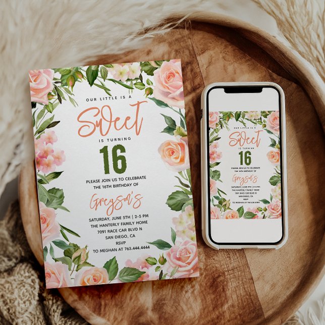 Elegant Watercolor Floral Sweet Sixteen Invitation (Creator Uploaded)