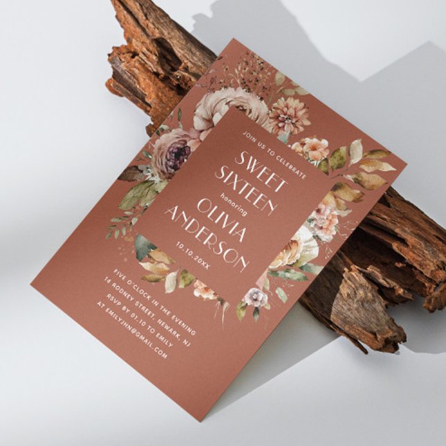 Elegant watercolor floral terracotta Sweet 16 Invitation (Creator Uploaded)