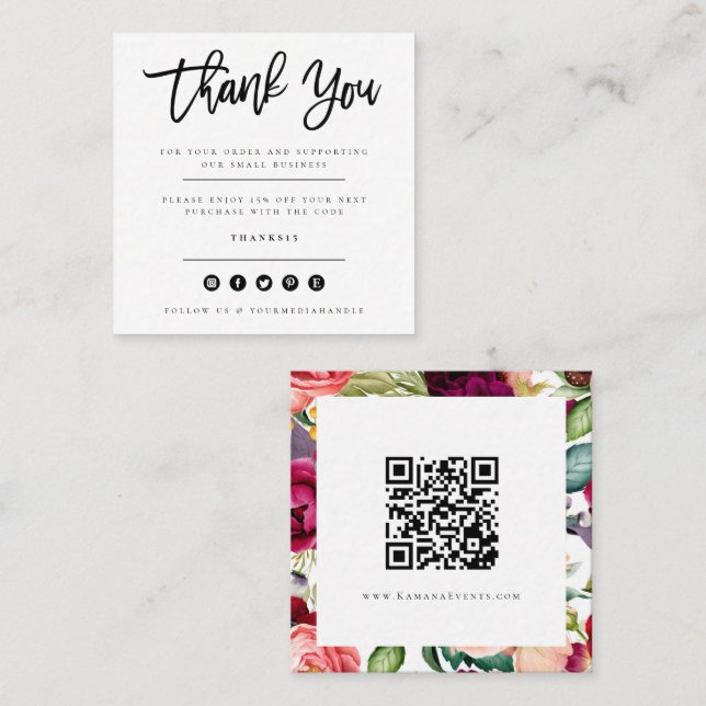 Elegant Watercolor Floral Thank You Square Business Card (Front/Back)