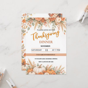 Elegant Watercolor Floral Thanksgiving Pumpkin Invitation