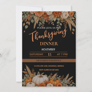 Elegant Watercolor Floral Thanksgiving Pumpkin Invitation