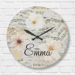 Elegant Watercolor Floral Vintage Sheet Music  Large Clock
