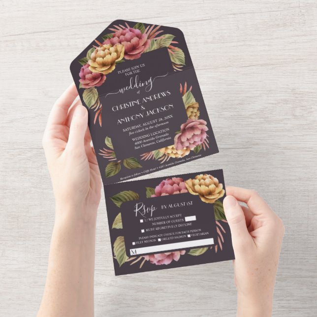 Elegant Watercolor Floral Wedding All In One Invitation (Tearaway)