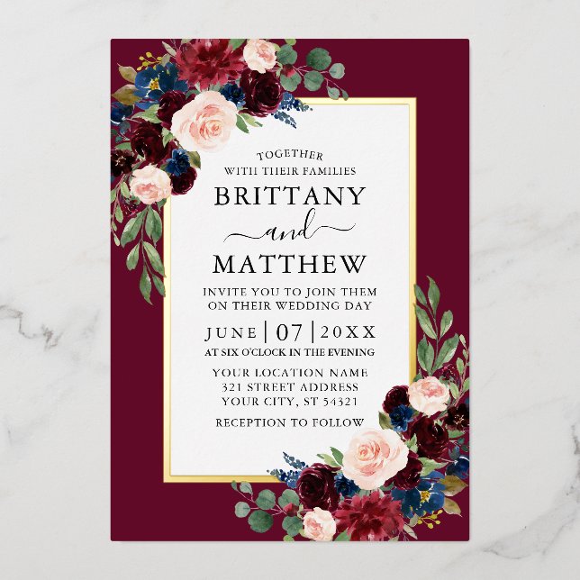 Elegant Watercolor Floral Wedding Burgundy Gold (Front)