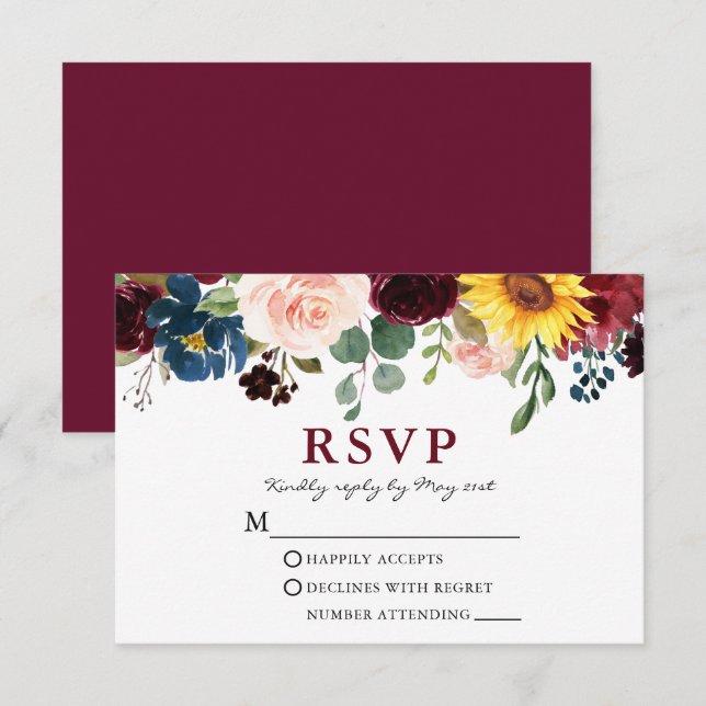 Elegant Watercolor Floral Wedding Burgundy RSVP Card (Front/Back)