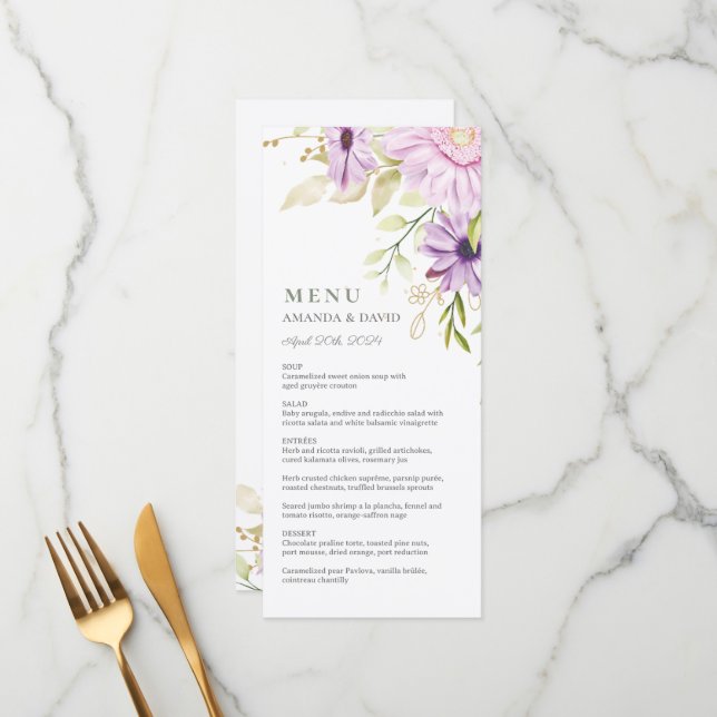 Elegant Watercolor Floral Wedding Flat Menu (Front/Back In Situ)