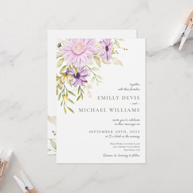 Elegant Watercolor Floral Wedding Invitation (Front/Back In Situ)