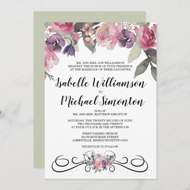 Elegant Watercolor Floral Wedding Invitations (Front/Back)