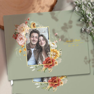 Elegant Watercolor Floral Wedding Photo Gold Guest Book