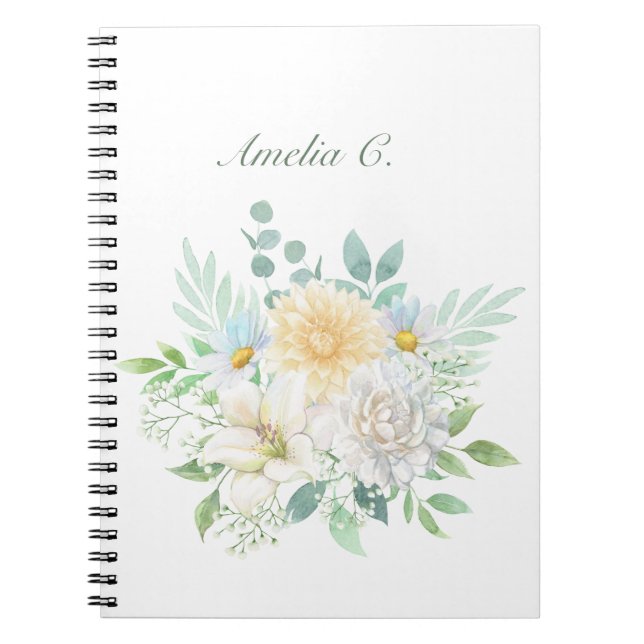 Elegant Watercolor Floral White Notebook (Front)