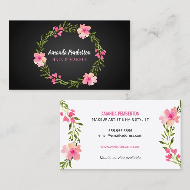 Elegant Watercolor Floral Wreath Business Card (Front/Back)