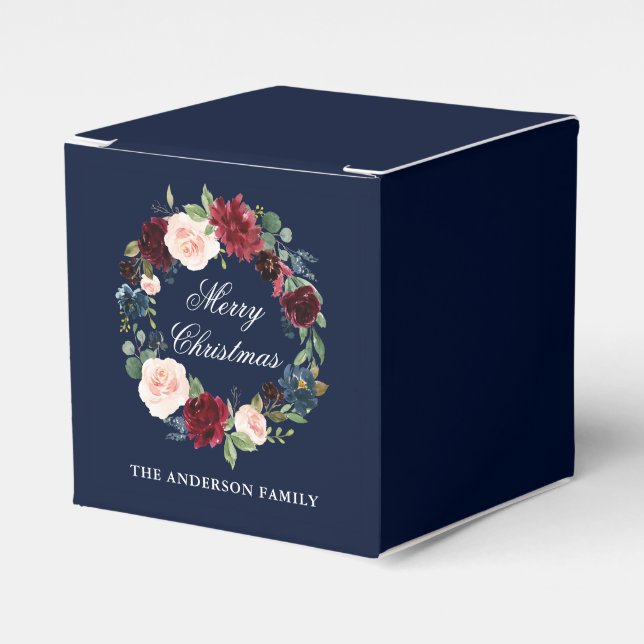 Elegant Watercolor Floral Wreath Merry Christmas Favour Box (Front Side)