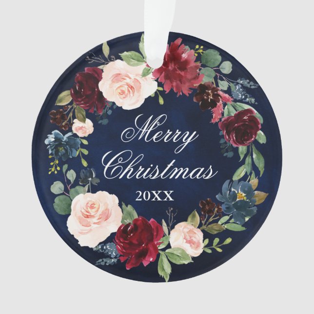 Elegant Watercolor Floral Wreath Merry Christmas Ornament (Front)