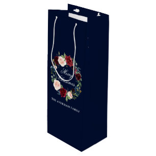 Elegant Watercolor Floral Wreath Merry Christmas Wine Gift Bag