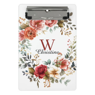 Elegant Watercolor Floral Wreath with Muted Roses Mini Clipboard