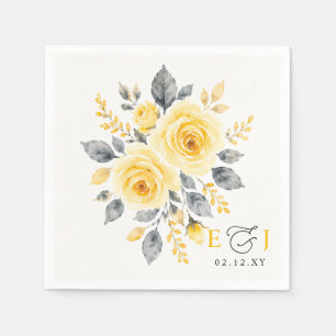 Elegant Watercolor Floral Yellow Grey Wedding Napkin