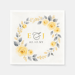 Elegant Watercolor Floral Yellow Grey Wedding Napkin