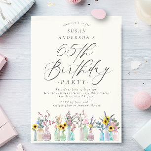 Elegant Watercolor Florals 65th Birthday Party Invitation